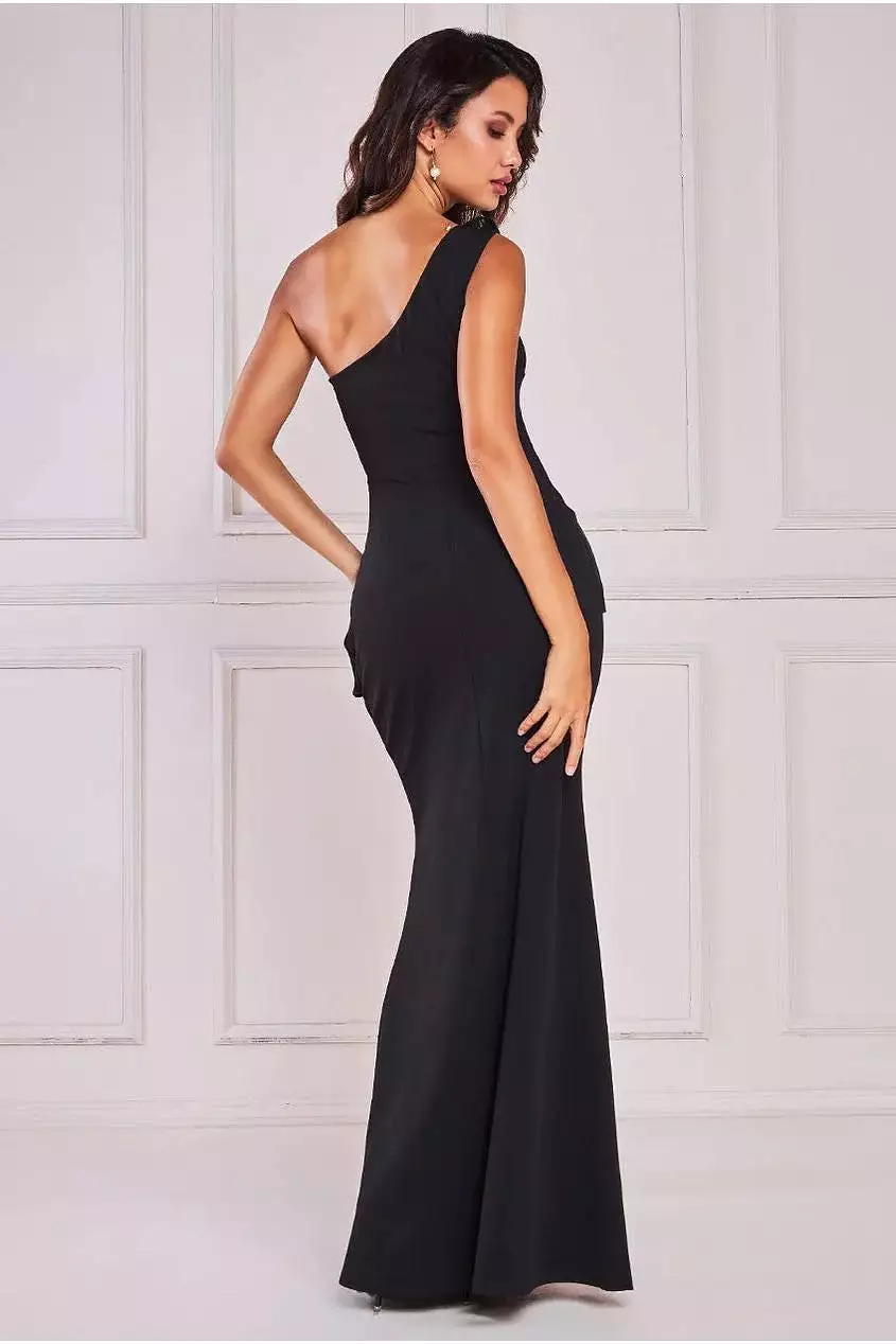 Goddiva One Shoulder Pleated Fan Maxi Dress