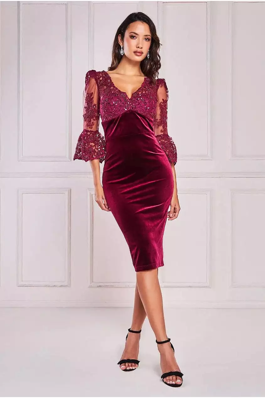 Goddiva Scallop Pearl Lace & Velvet Midi Dress