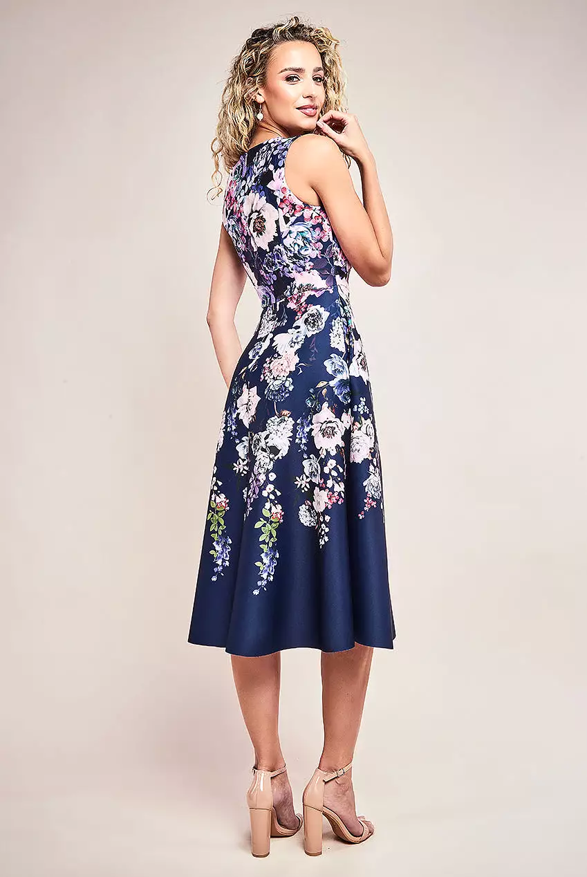 Goddiva Scuba Foam Floral Midi Dress