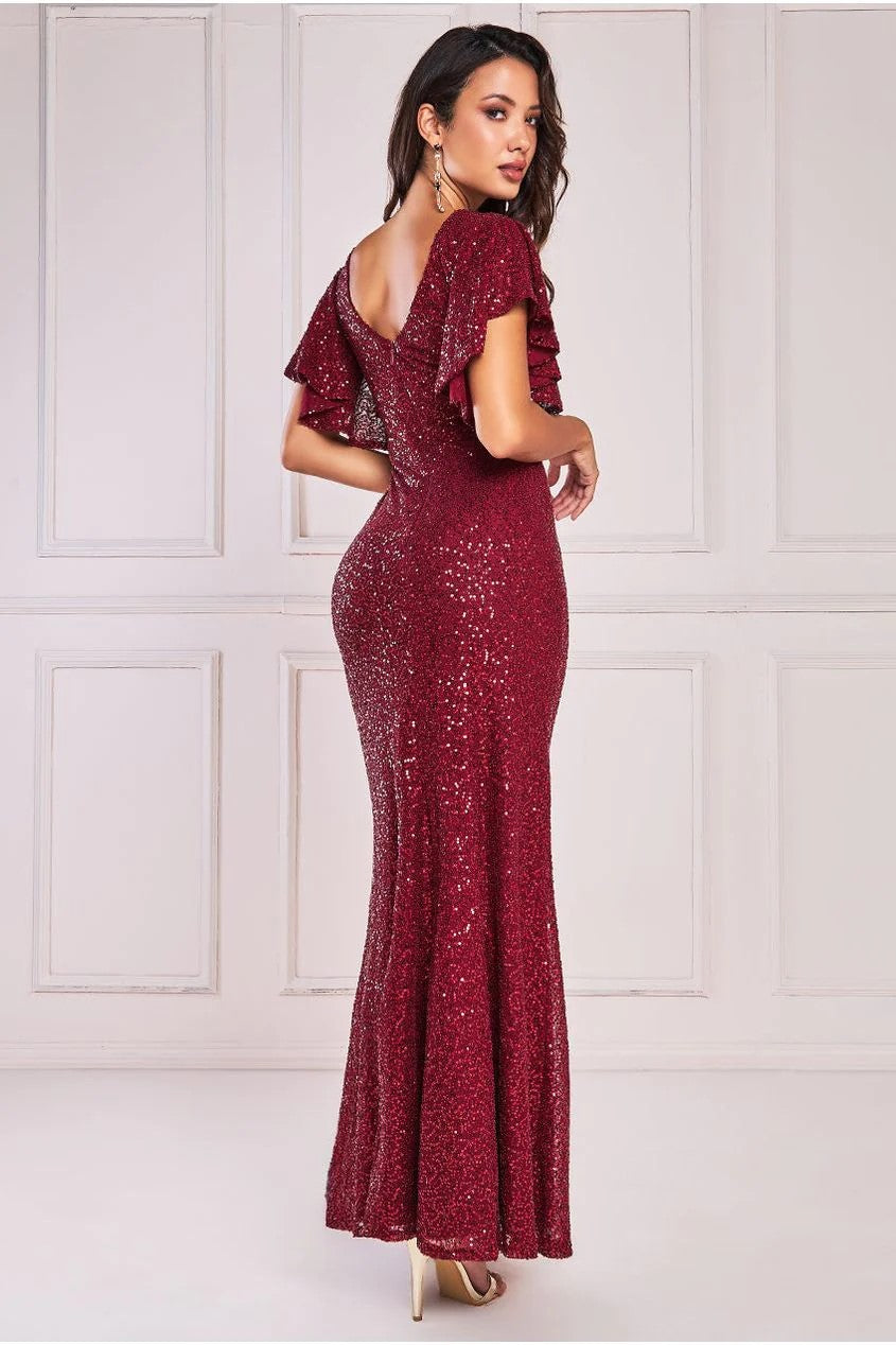 Goddiva Sequin Flutter Sleeve Maxi Dress