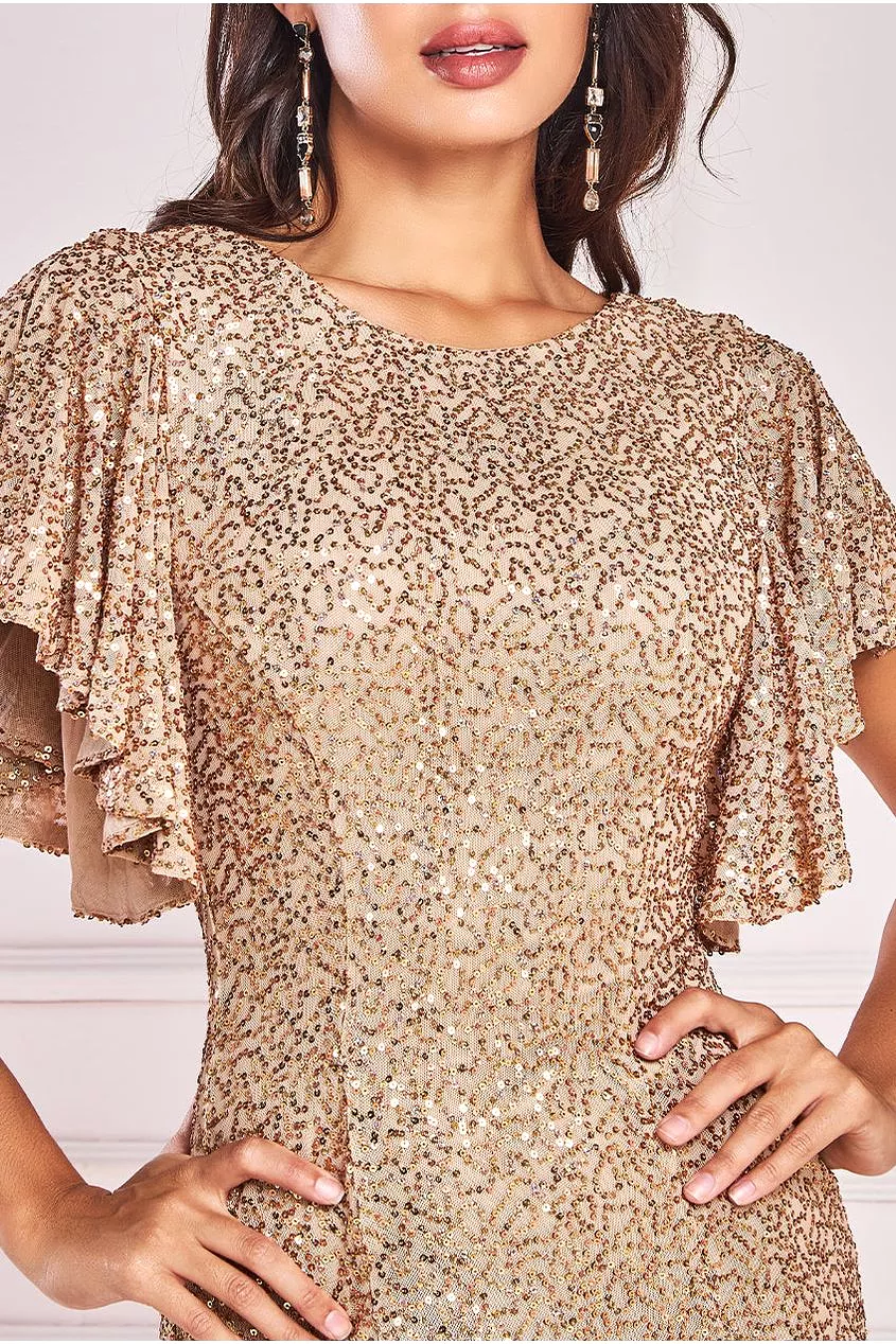 Goddiva Sequin Flutter Sleeve Maxi Dress