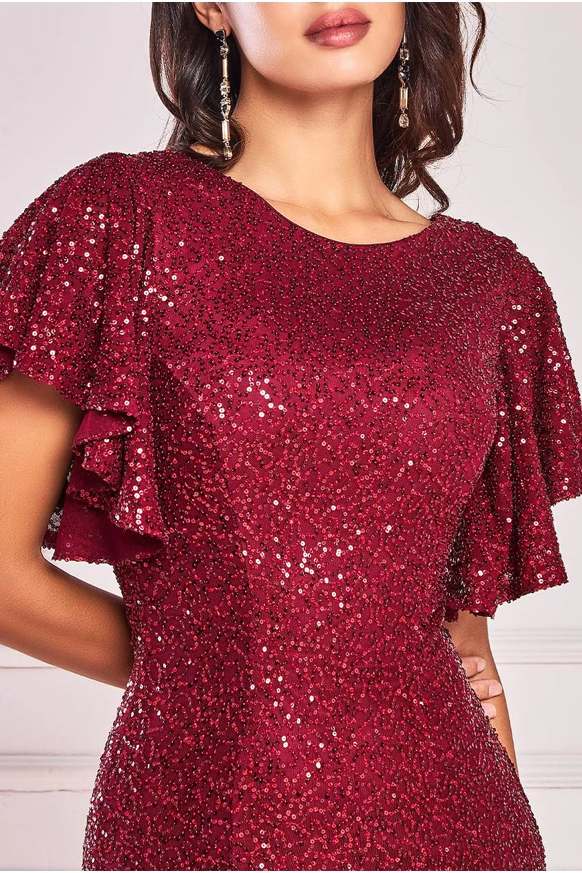 Goddiva Sequin Flutter Sleeve Maxi Dress