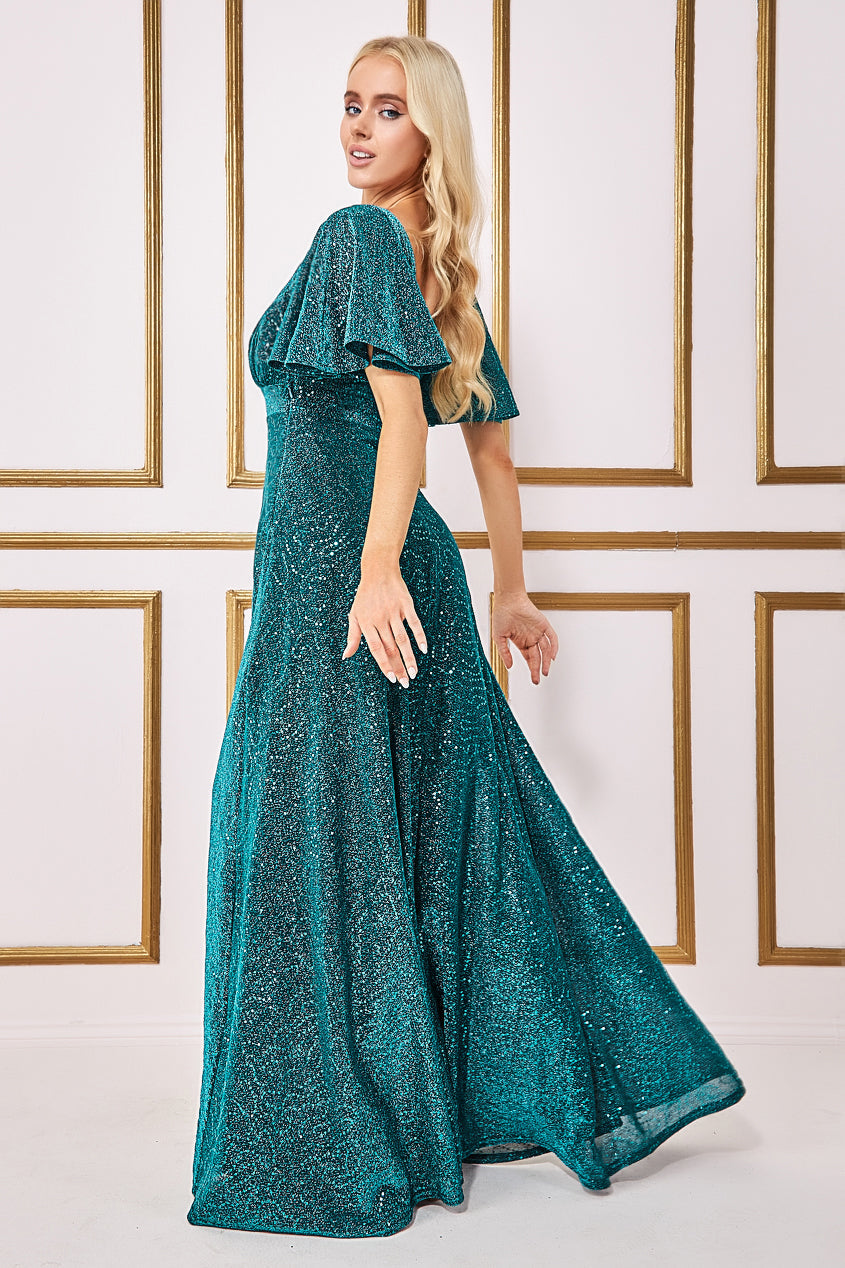 Goddiva Sequin Lurex Flutter Sleeve Maxi Dress