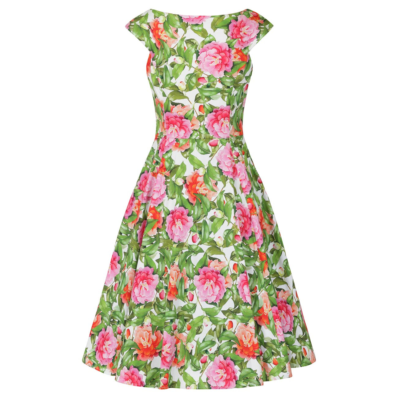 Green And Pink Floral Print 50s Swing Dress