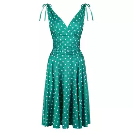 Green And White Polka Dot Print Crossover Top Grecian V Neck 50s Swing Dress