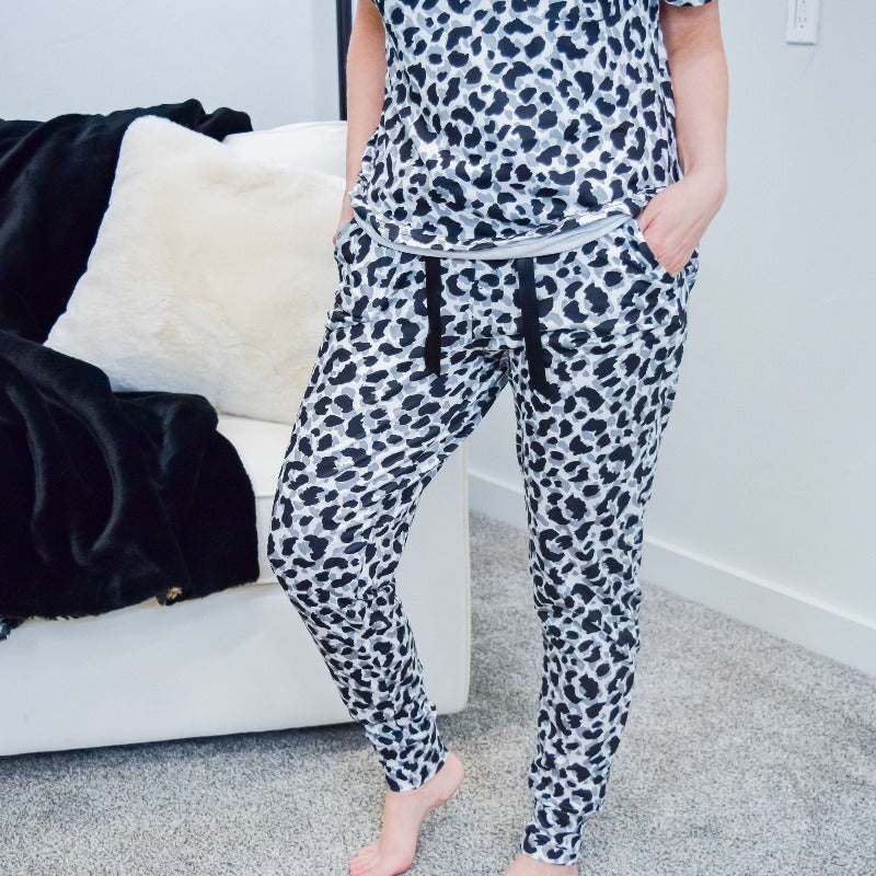 Grey Leopard Print Short Sleeve Pajama Set