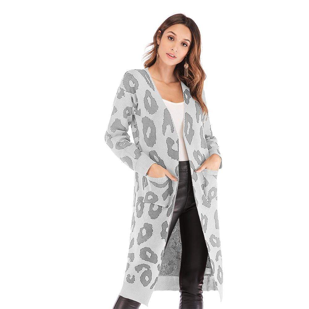 Haute Edition Open Front Long Length Sweater Knit Leopard Print Cardigan