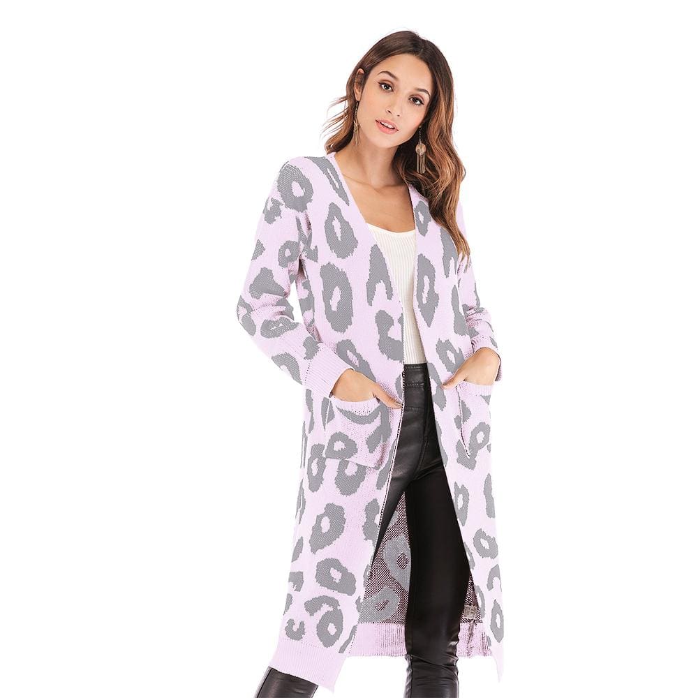 Haute Edition Open Front Long Length Sweater Knit Leopard Print Cardigan