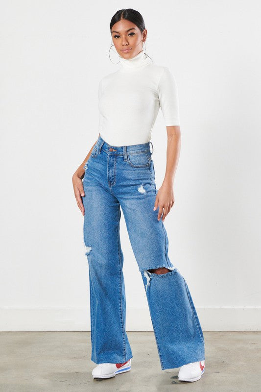 HIGH WAISTED DISTRESS WIDE LEG JEANS