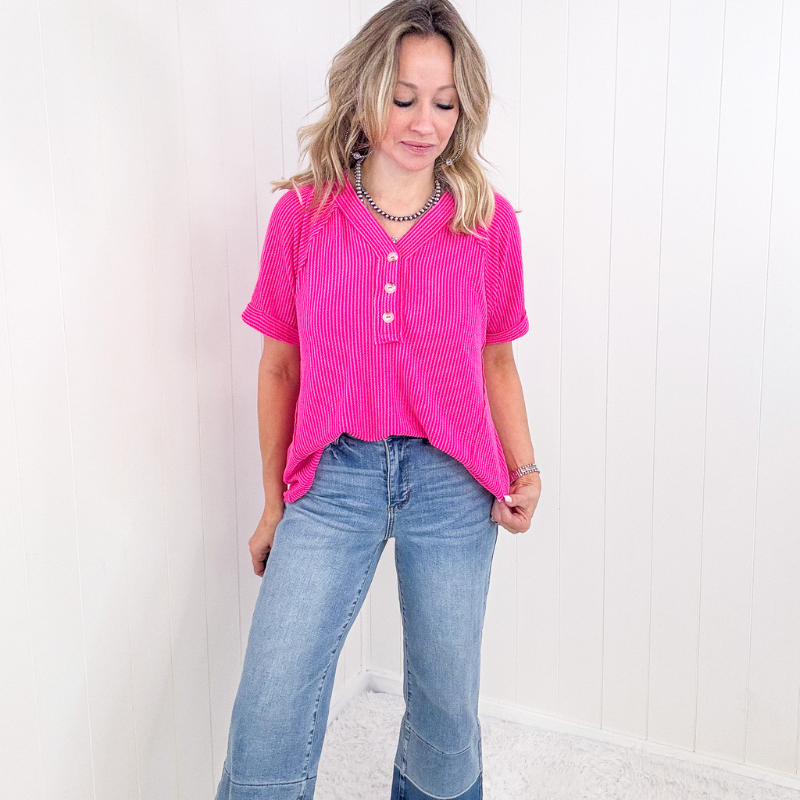 Hot Pink Andree Textured Line Ribbed Short Sleeve Top