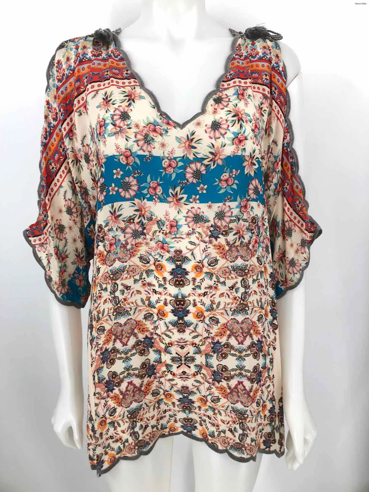 JOHNNY WAS Cream Red Multi Print Cold Shoulder Size MEDIUM (M) Top