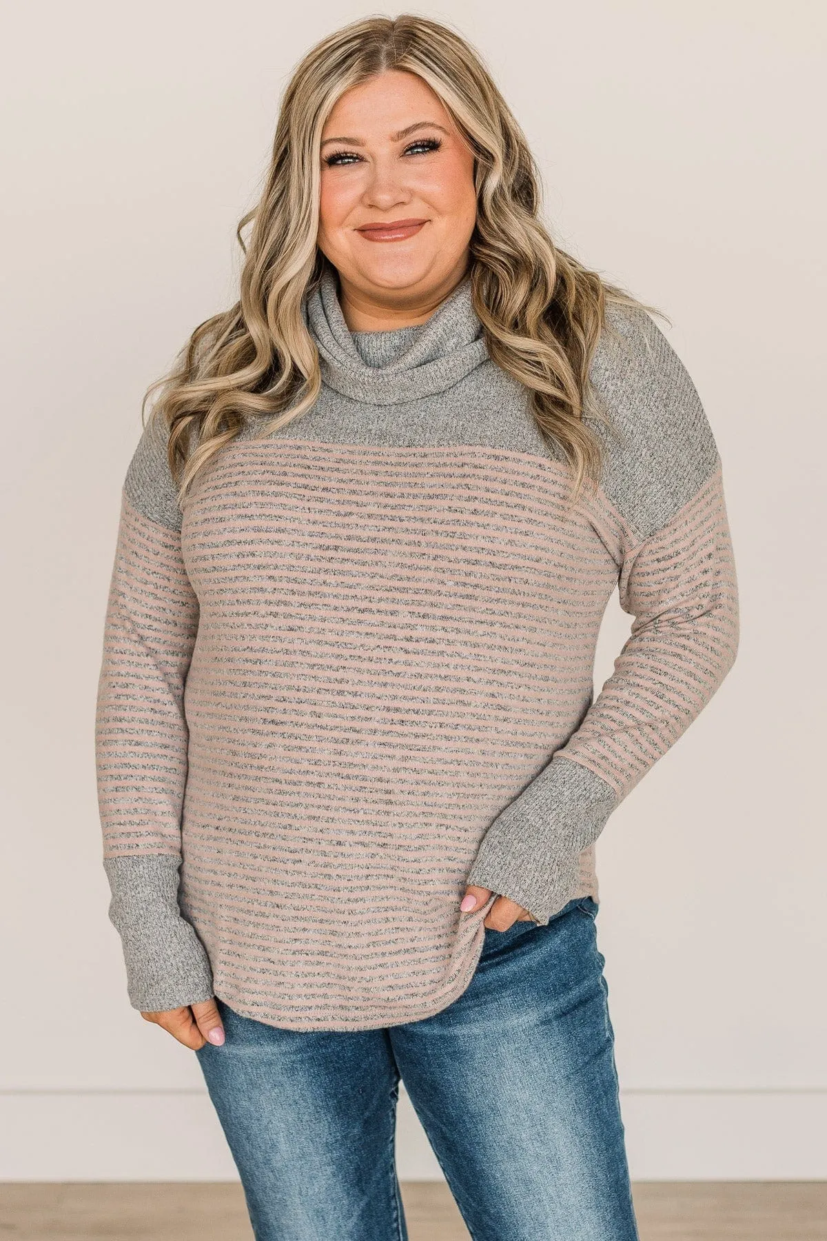 Just Can't Wait Cowl Neck Top- Grey & Dusty Pink