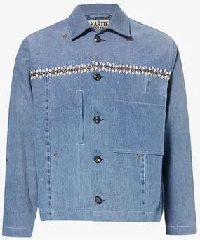 Kartik Research Mens Blue/Gold/White Embroidered spread-collar relaxed-fit denim jacket