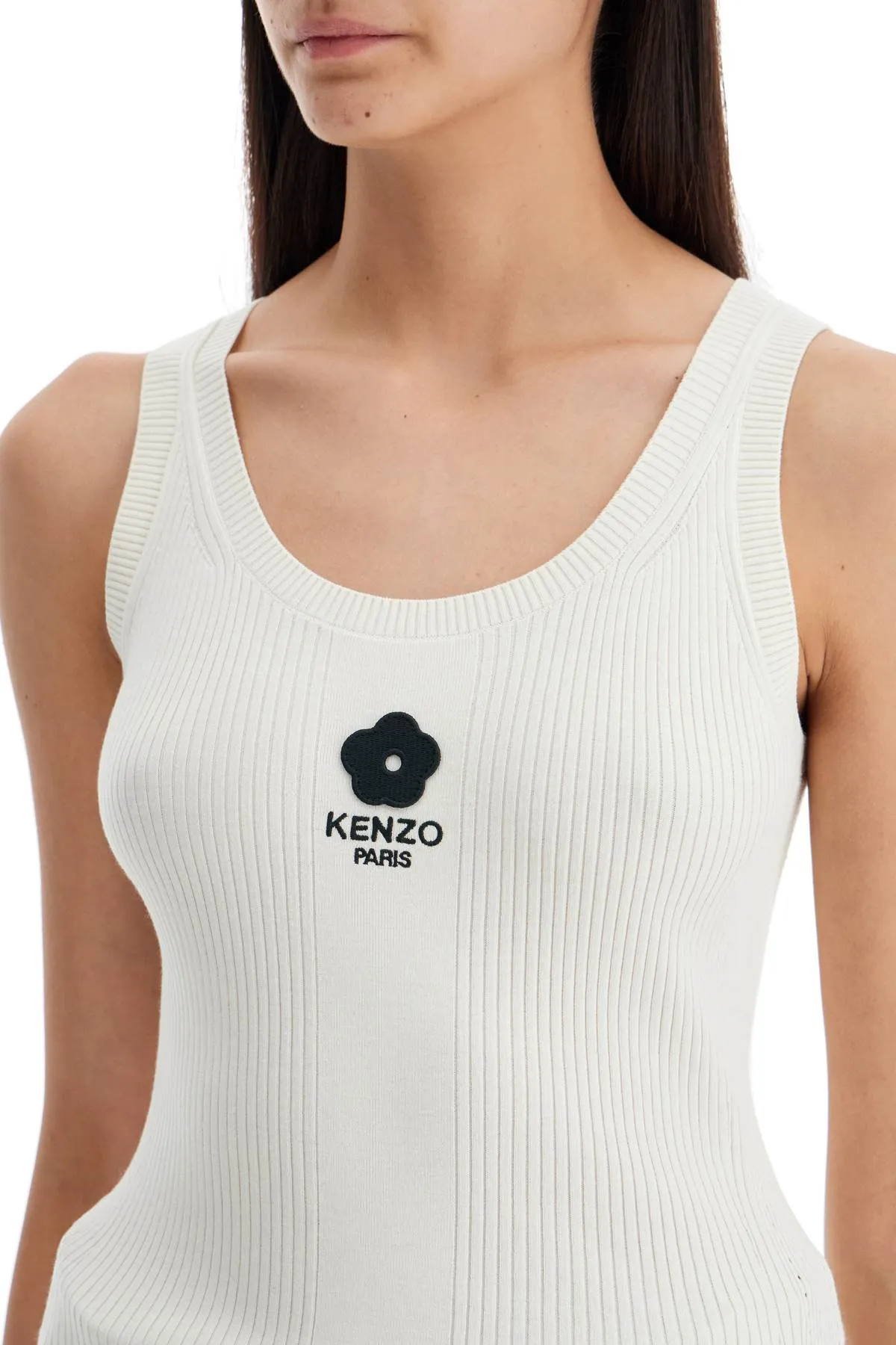 Kenzo Ribbed Knit Tank Top With Spaghetti Straps   White