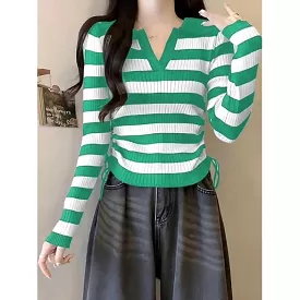 Knitted V-Neck Striped Top