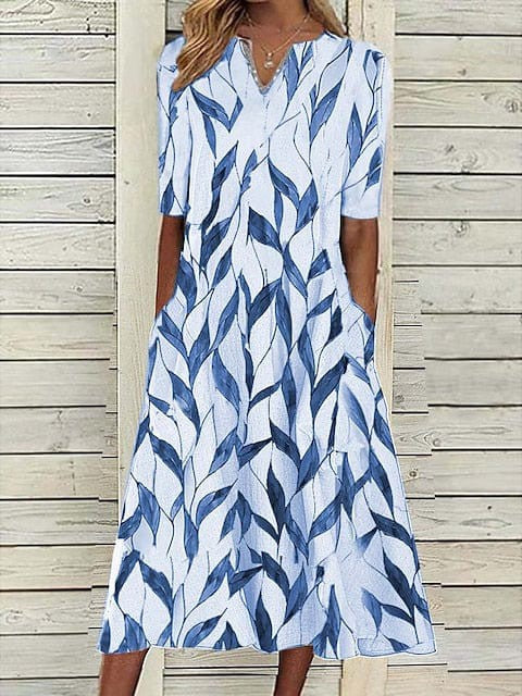 Leaf Print V Neck Midi Dress for Women