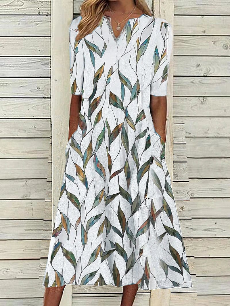 Leaf Print V Neck Midi Dress for Women