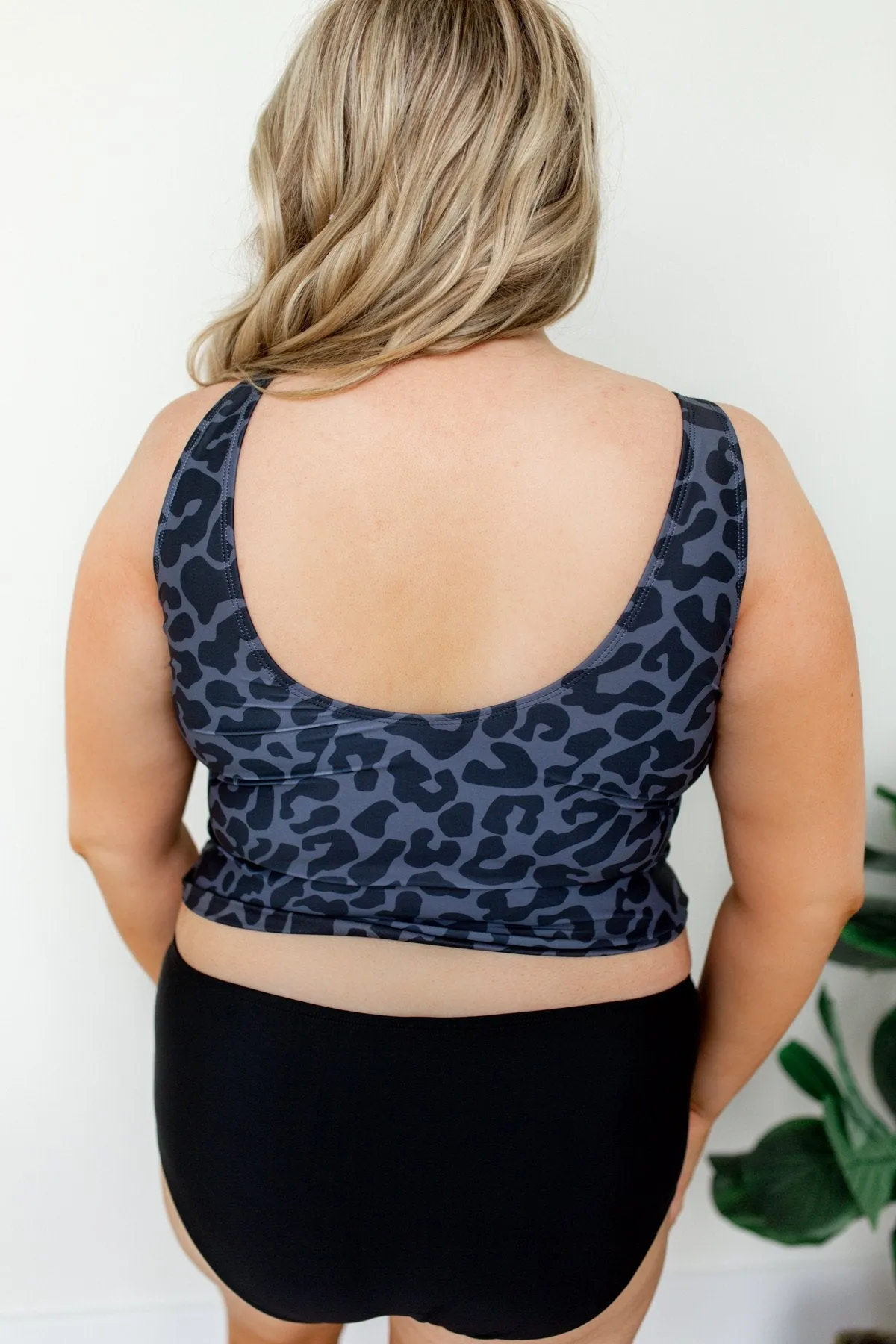 Leopard Print Front Knot Swimsuit Tankini- Charcoal