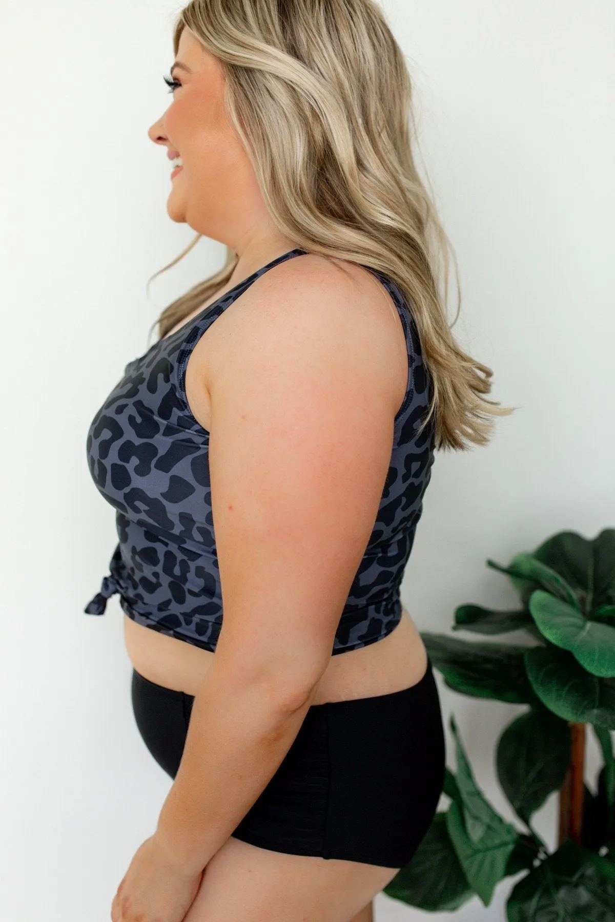 Leopard Print Front Knot Swimsuit Tankini- Charcoal