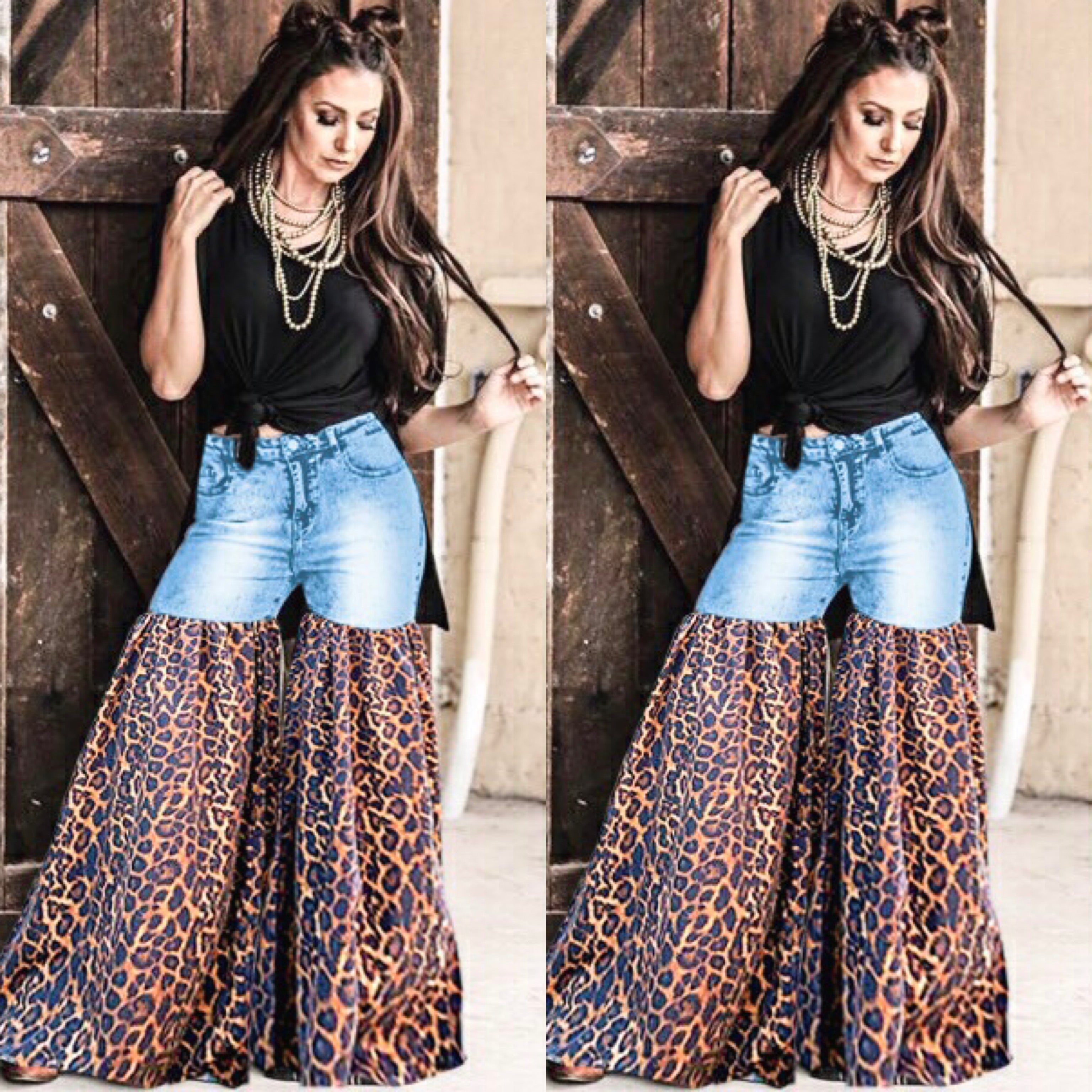 Light Denim Distressed Animal Print Palazzo Wide Leg Jeans