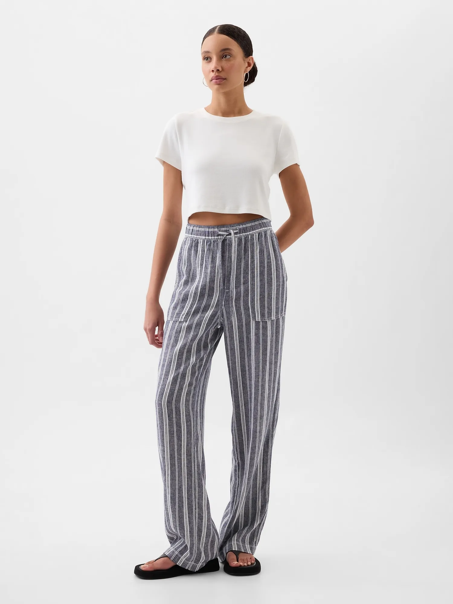 Linen-Blend Wide-Leg Stripe Pull-On Pants