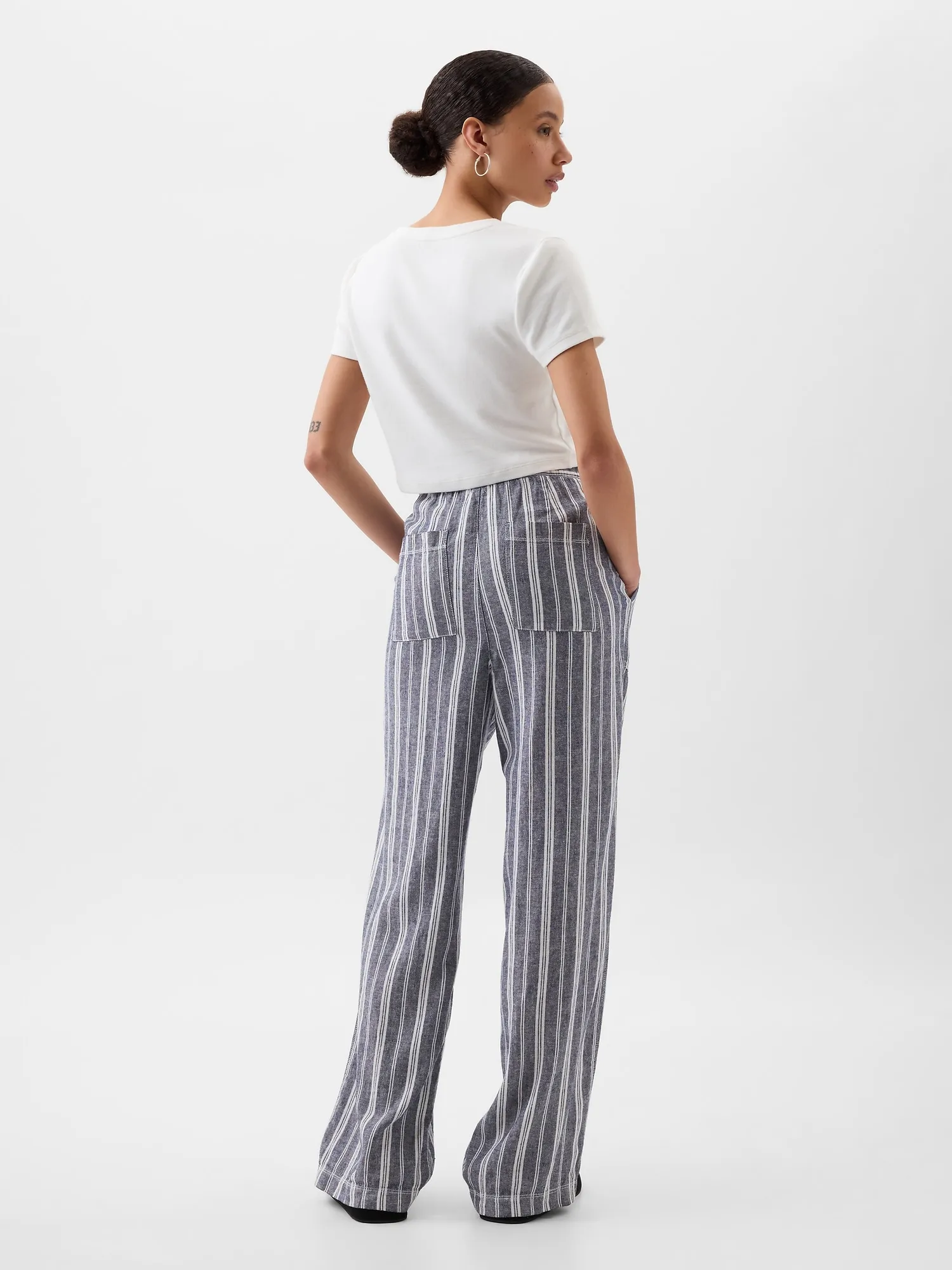 Linen-Blend Wide-Leg Stripe Pull-On Pants