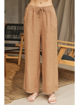 Linen Waist Tie Pants w/Pockets, Camel