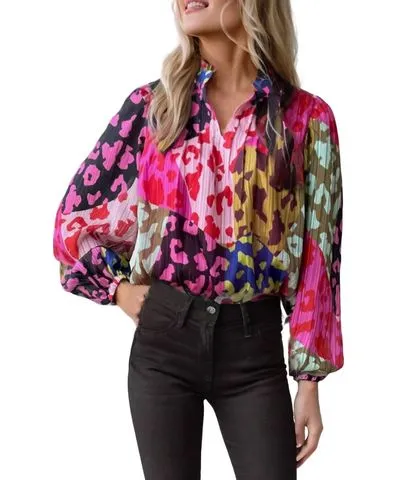 Little Daisy Closet Tammy Color Block Printed Crinkle Blouse In Leopard