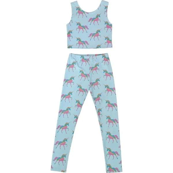 Lola + The Boys Rainbow Unicorn Athletic Print Crop Tank & Leggings Set, Blue