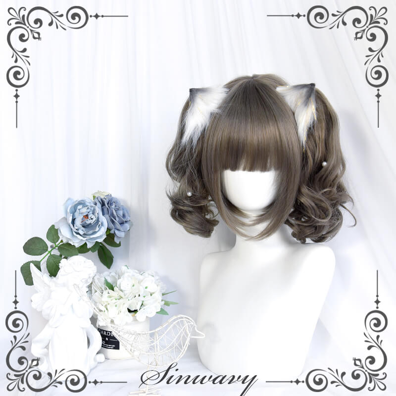 Lolita lovely linen grey detachable tiger mouth clip double horsetail wig BY5003