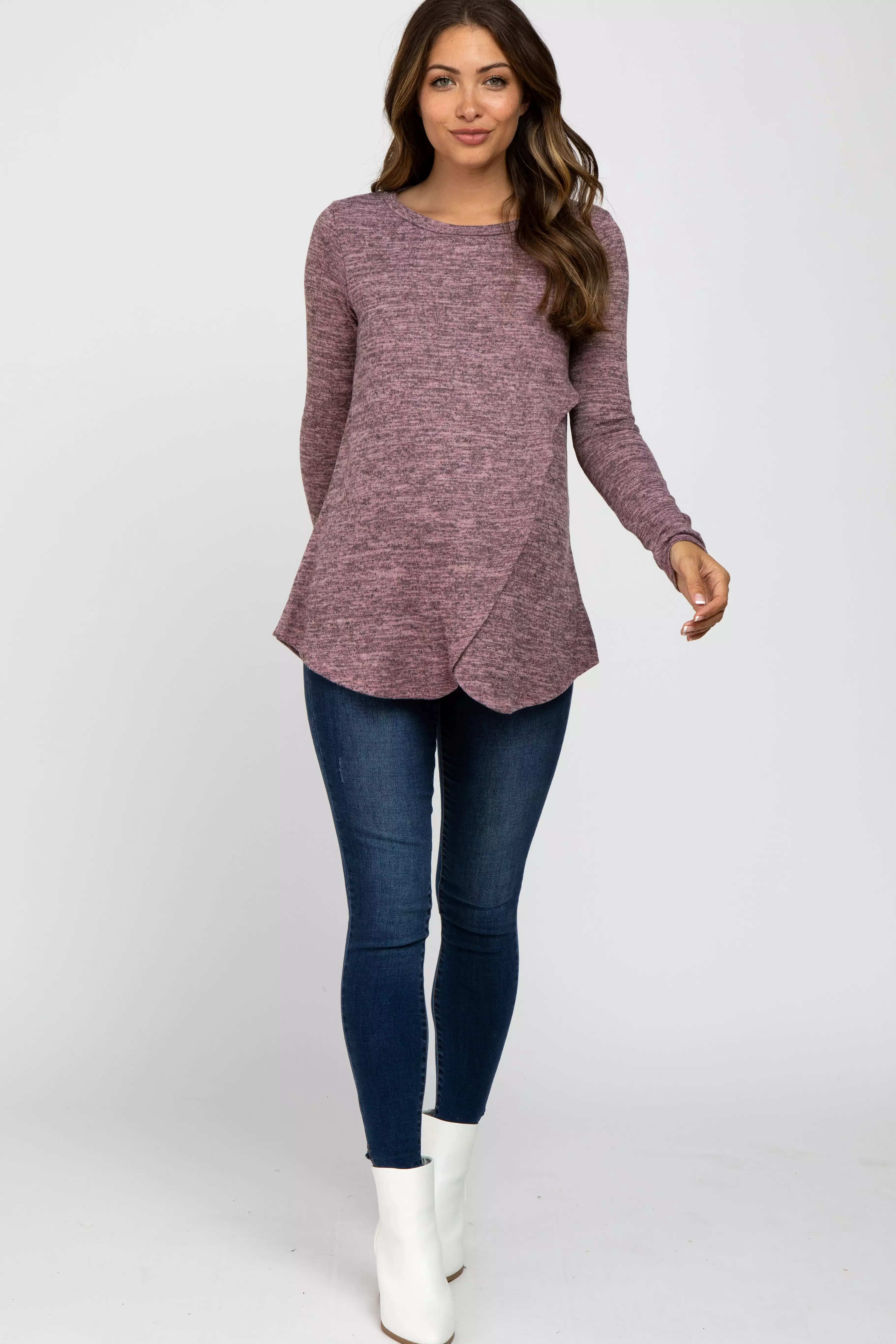 Mauve Heather Knit Layered Front Maternity/Nursing Top