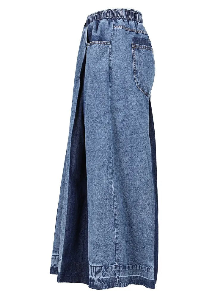 Navy Blue Denim Color-block Wide Leg Jeans Trousers