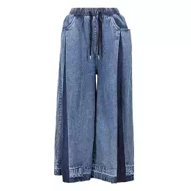 Navy Blue Denim Color-block Wide Leg Jeans Trousers