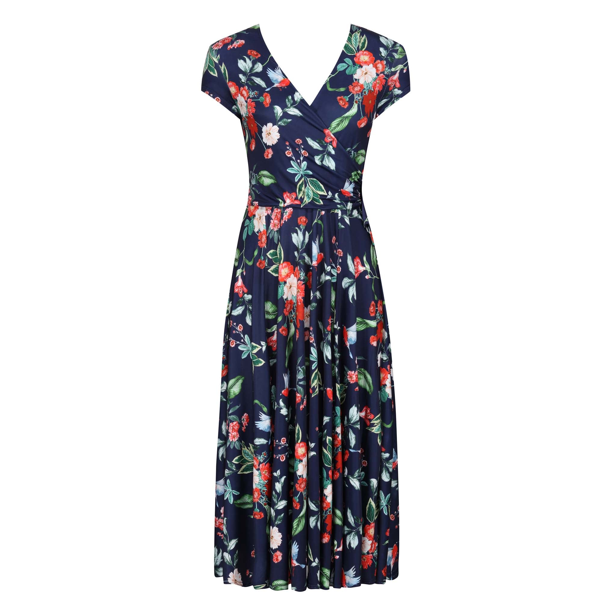 Navy Blue Floral Bird Print Cap Sleeve Crossover Top Swing Dress