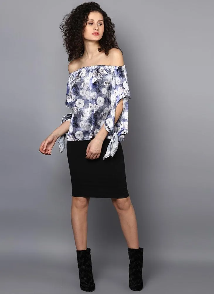 Off Shoulder Printed Satin Top  with Slit Sleeve