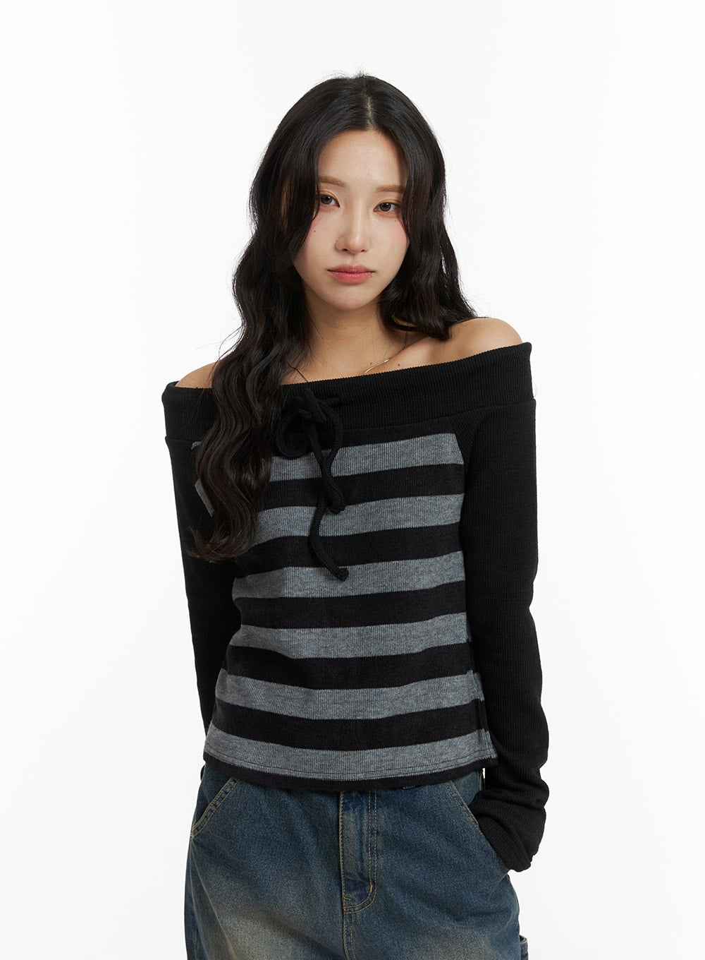 Off-Shoulder Striped Bowknot Top CJ417