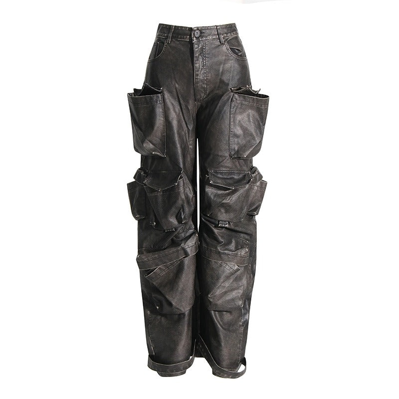 Old work Patchwork Pockets High Waisted leg leather Pants