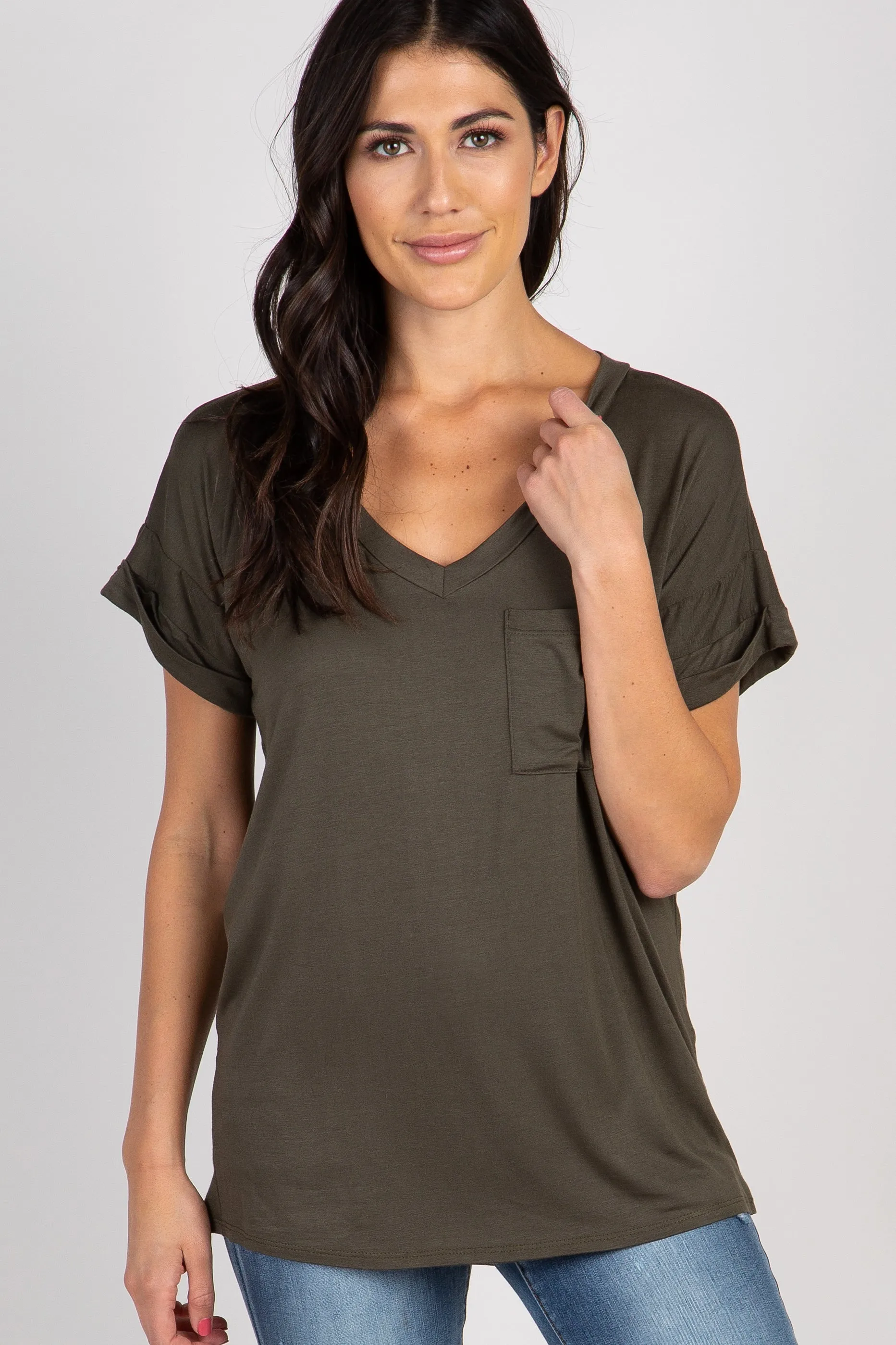 Olive V-Neck Pocket Accent Top