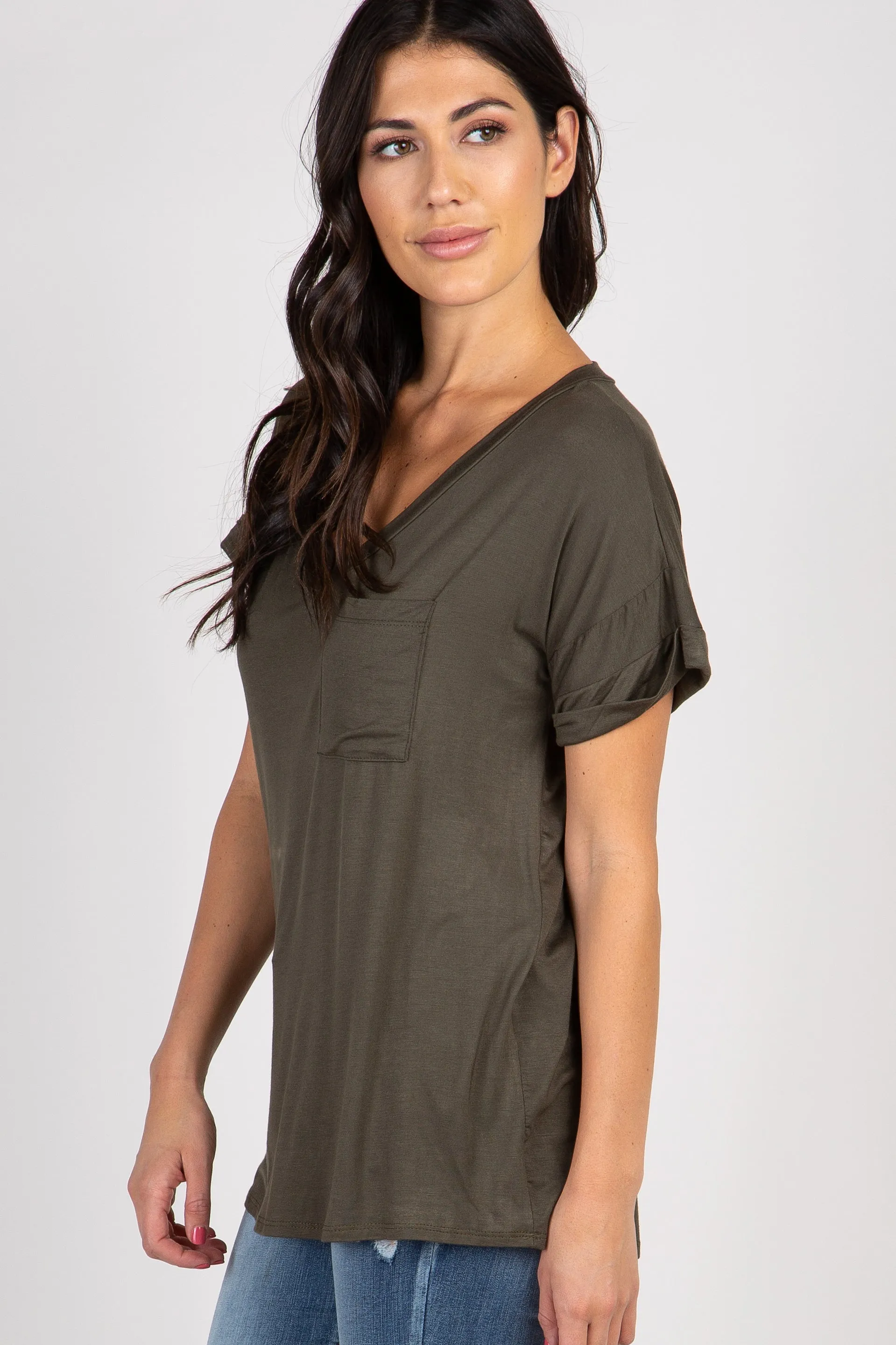 Olive V-Neck Pocket Accent Top