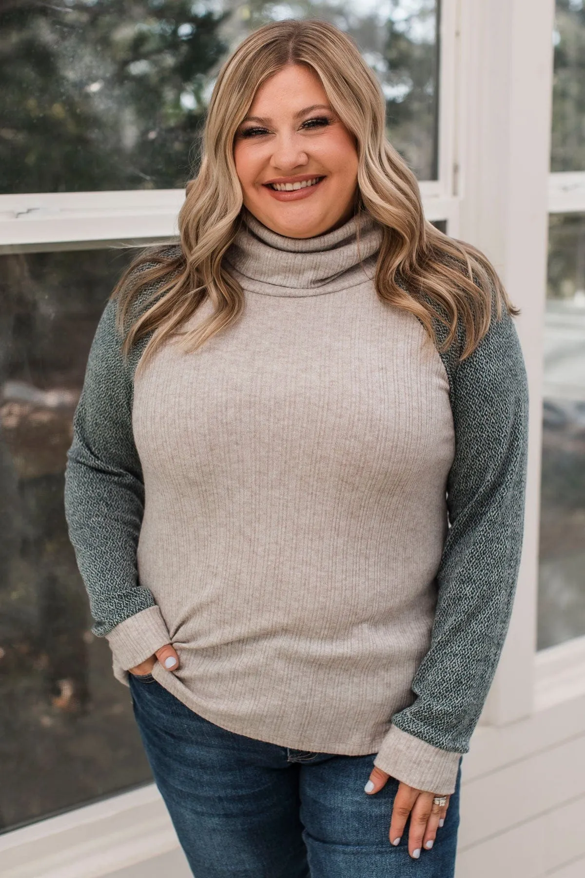 Perfectly Darling Cowl Neck Top- Oatmeal & Dark Green