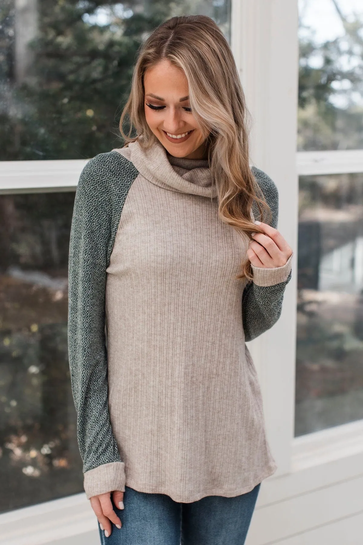 Perfectly Darling Cowl Neck Top- Oatmeal & Dark Green