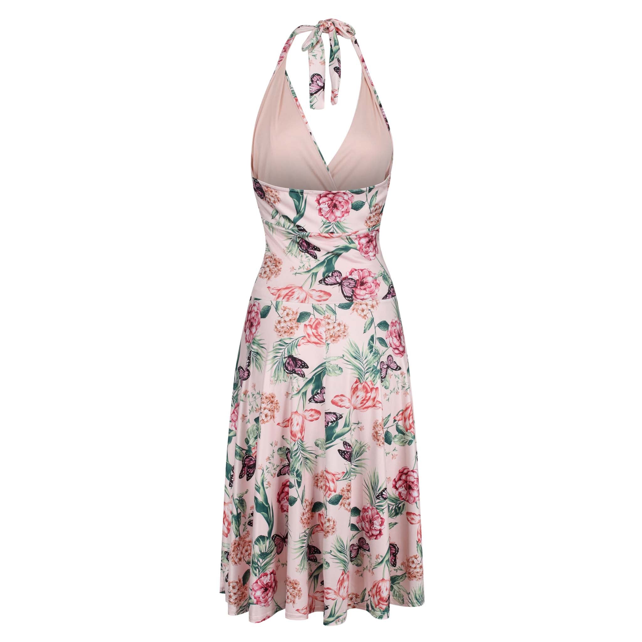 Pink Floral Butterfly Print Halterneck Grecian Summer Dress