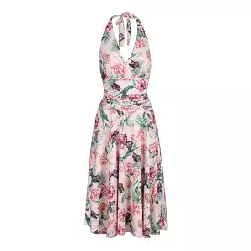 Pink Floral Butterfly Print Halterneck Grecian Summer Dress