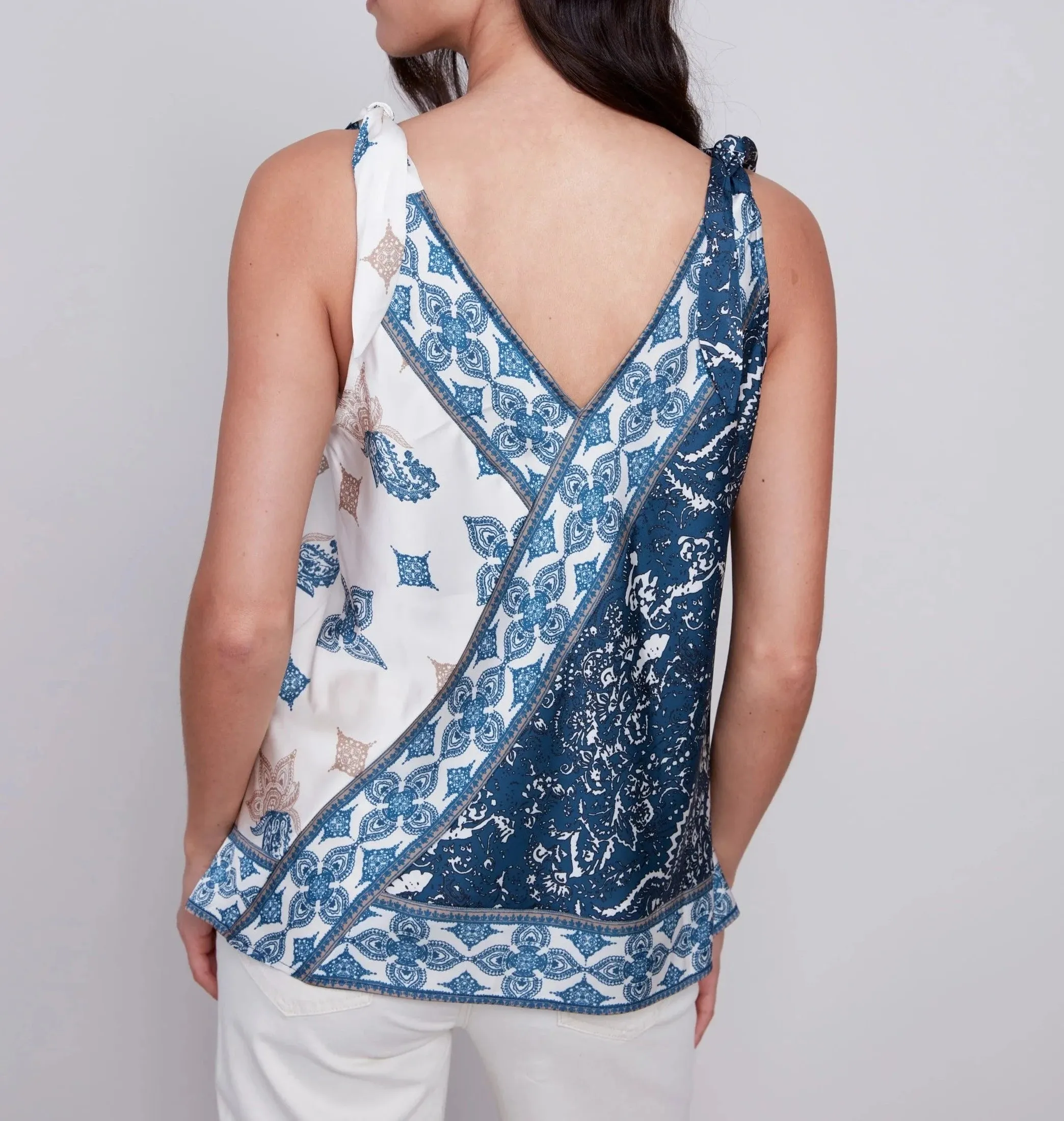 Printed Tie-Shoulder Satin Top