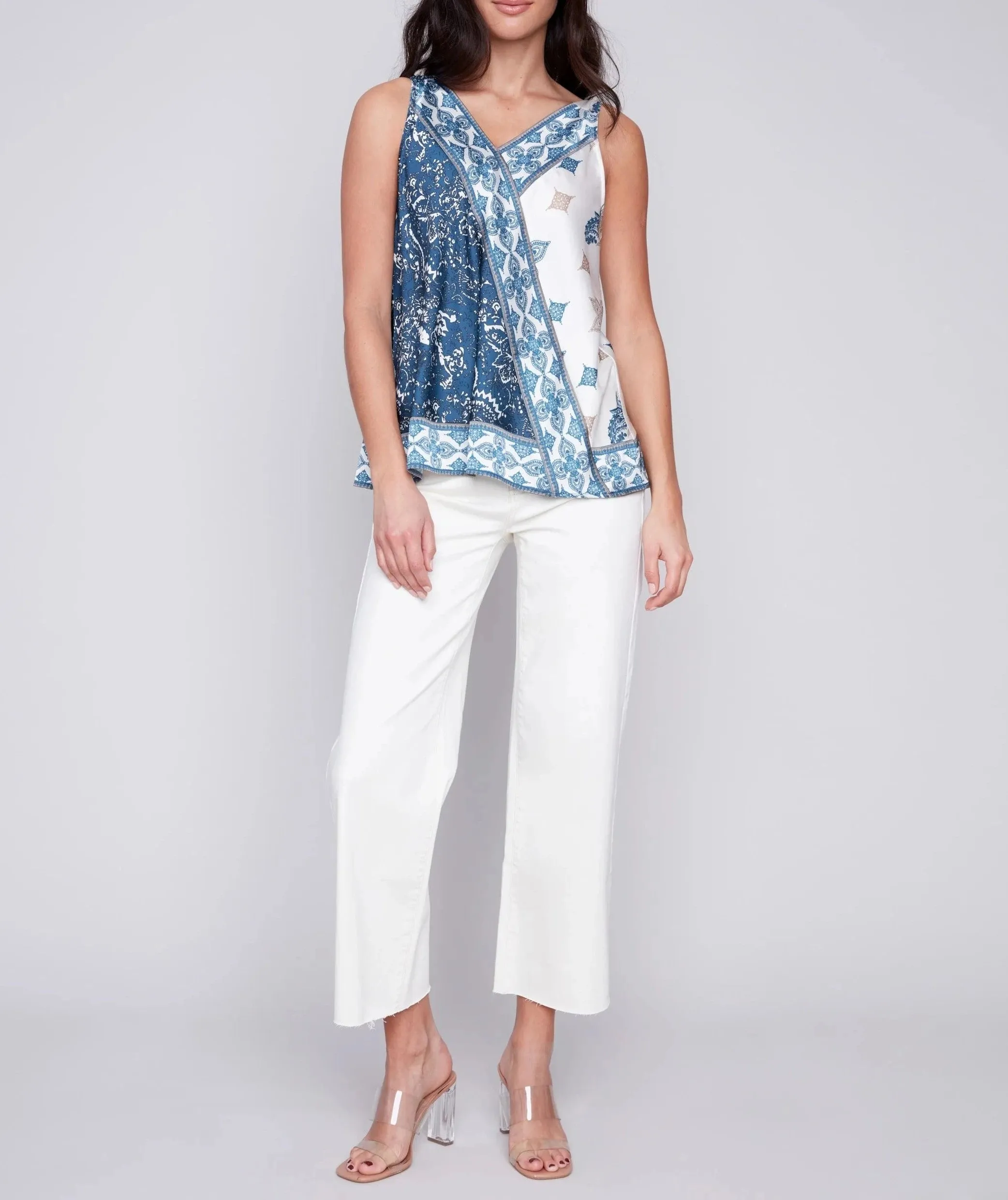 Printed Tie-Shoulder Satin Top