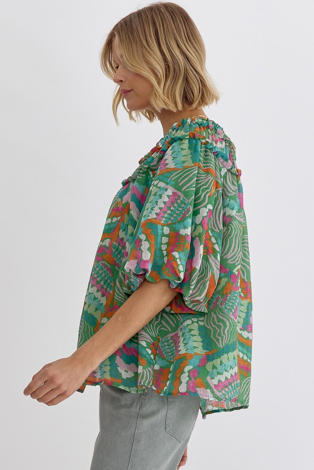 Printed V-Neck Half Sleeve Shirring Detail Top