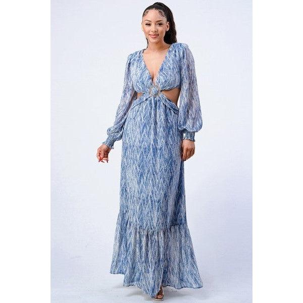 Printed V Neck Self Belted Side Cut Out Ruffled Maxi Dress