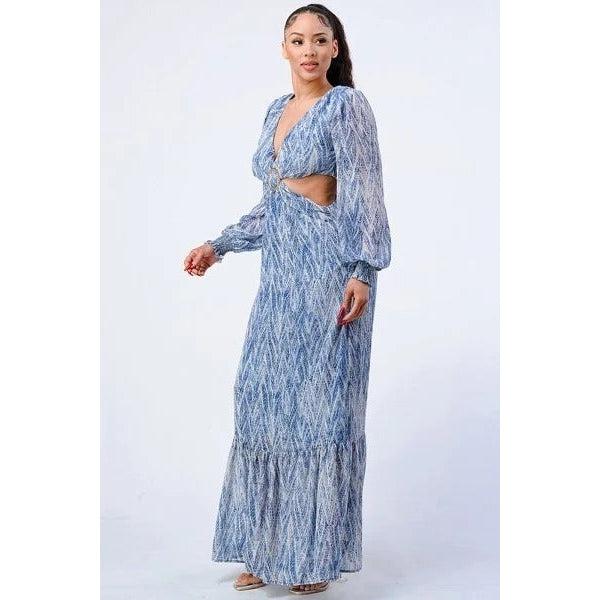 Printed V Neck Self Belted Side Cut Out Ruffled Maxi Dress