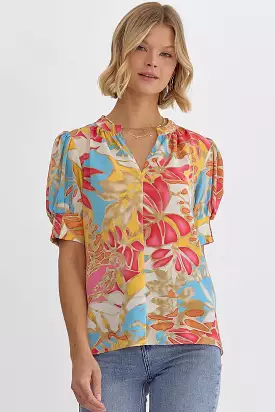 Puff Shoulder Printed V-Neck Short Sleeve Top