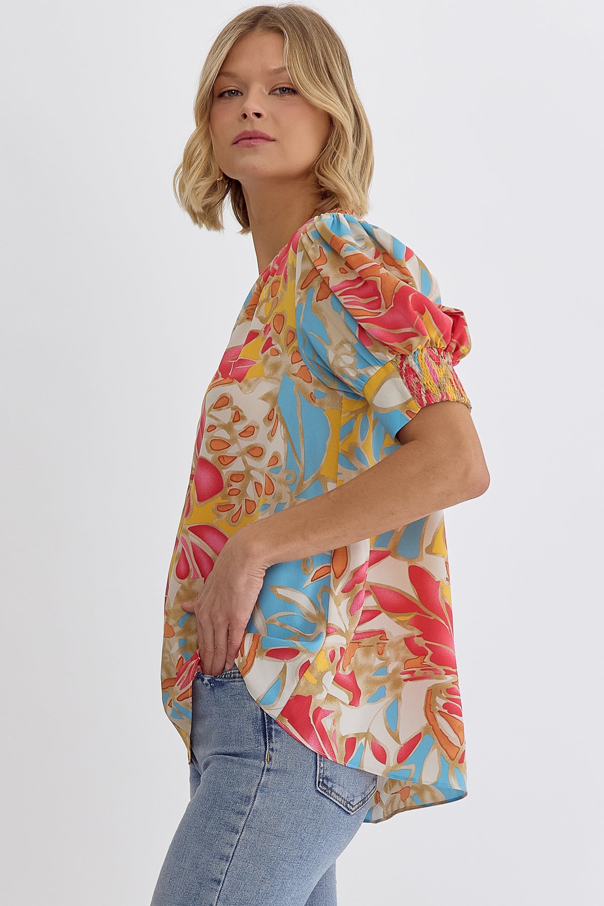 Puff Shoulder Printed V-Neck Short Sleeve Top